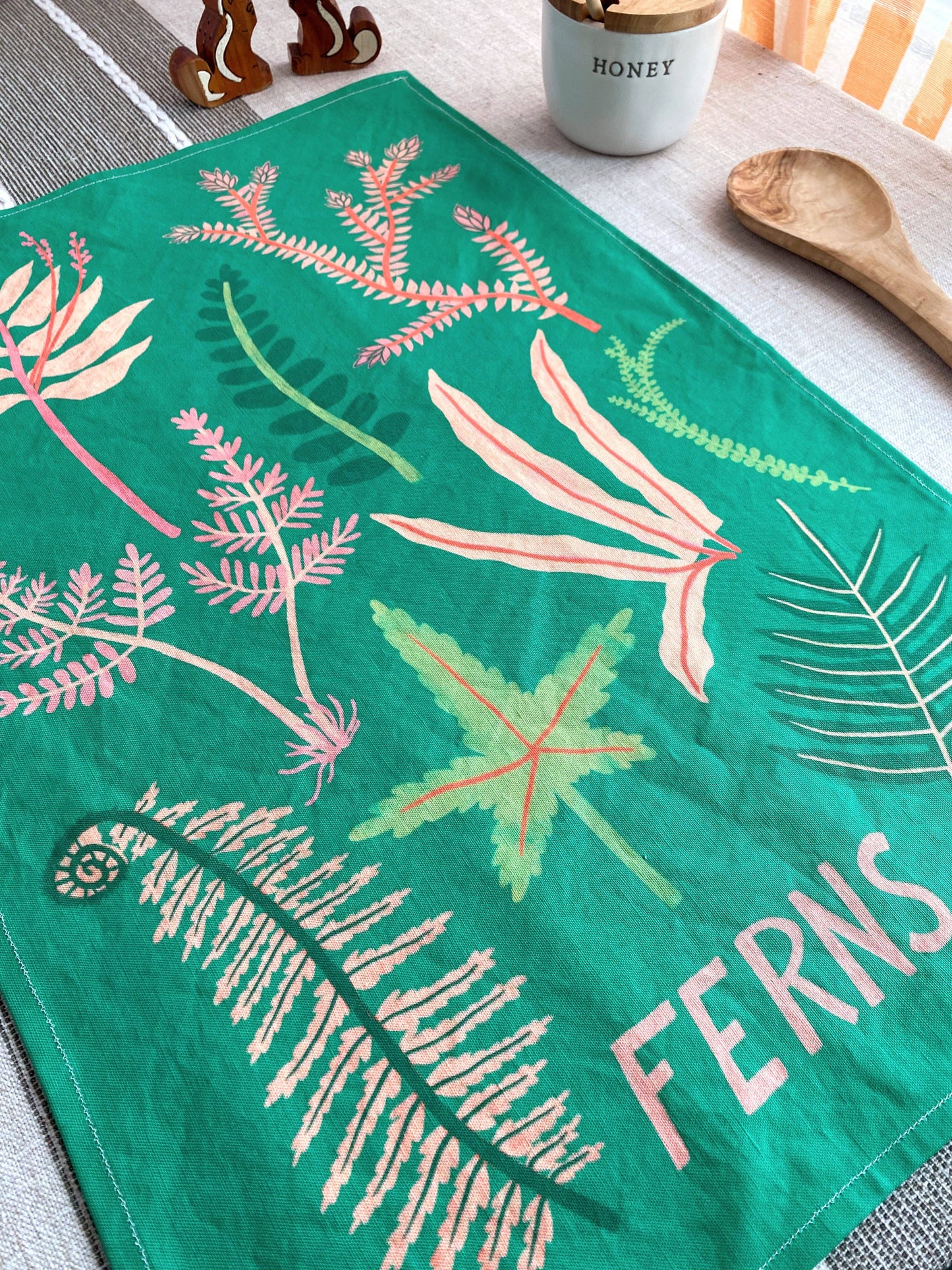 Pink & Green Ferns Linen Cotton Handmade Tea Towel