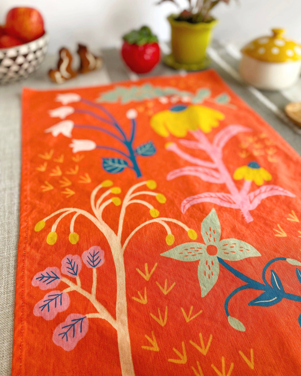 Coral Red Wildflowers Linen Cotton Handmade Tea Towel