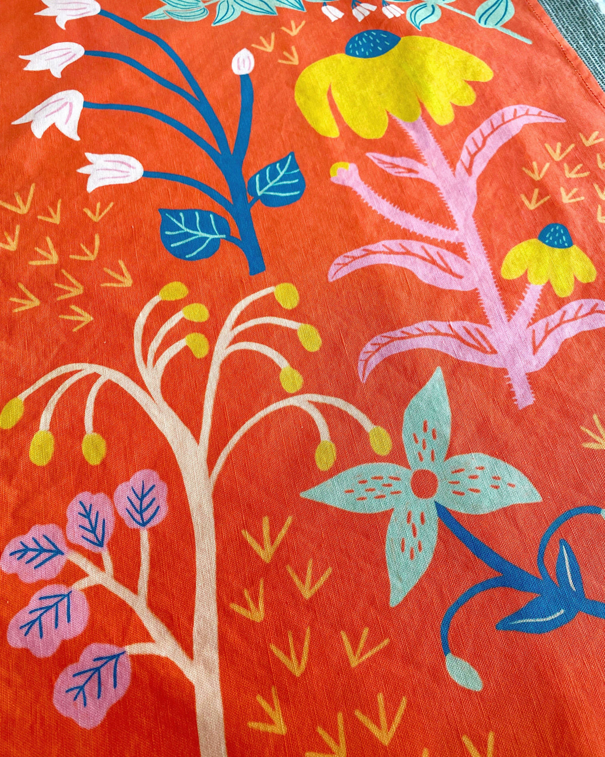 Coral Red Wildflowers Linen Cotton Handmade Tea Towel