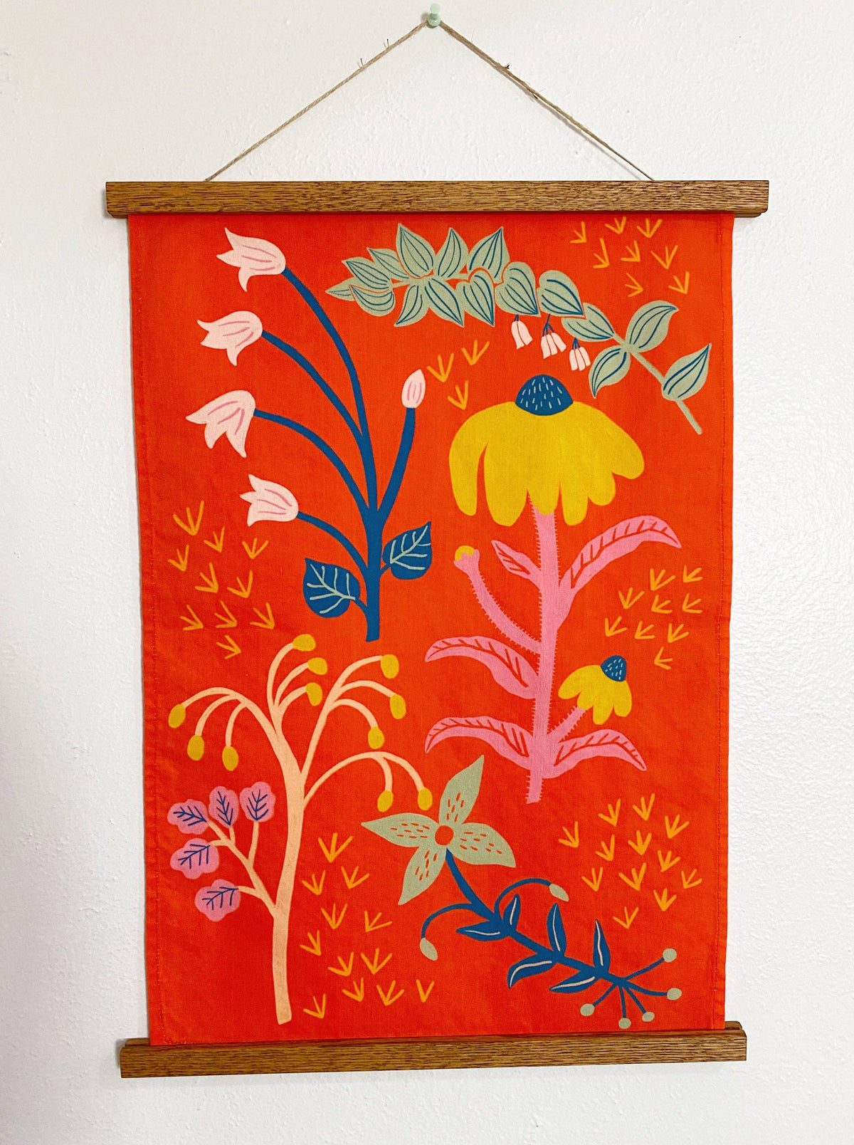 Coral Red Wildflowers Linen Cotton Handmade Tea Towel