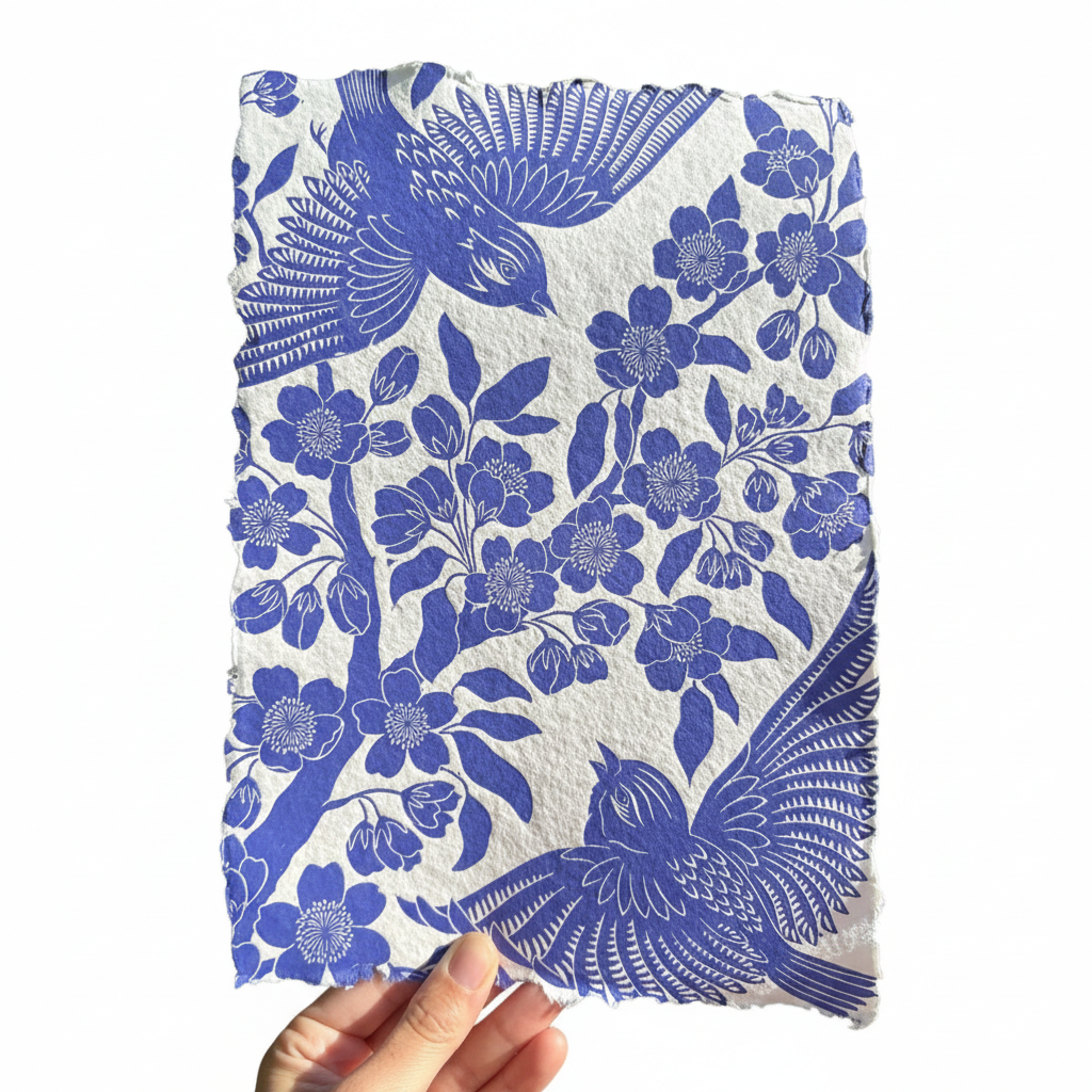 Indigo Birds Handmade Linocut Print