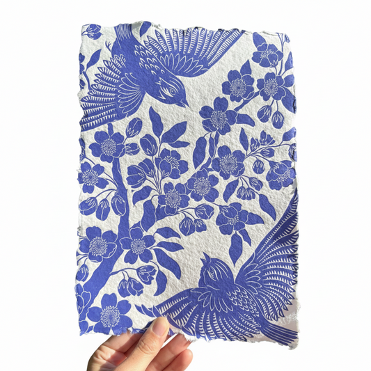 Indigo Birds Handmade Linocut Print