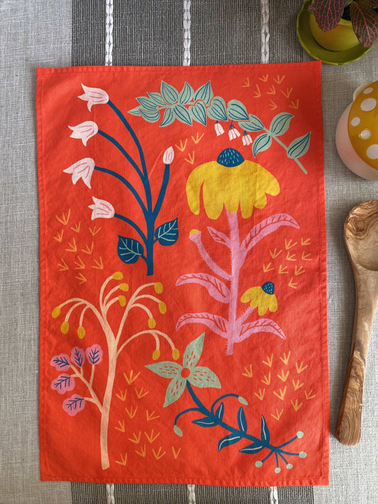 Coral Red Wildflowers Linen Cotton Handmade Tea Towel