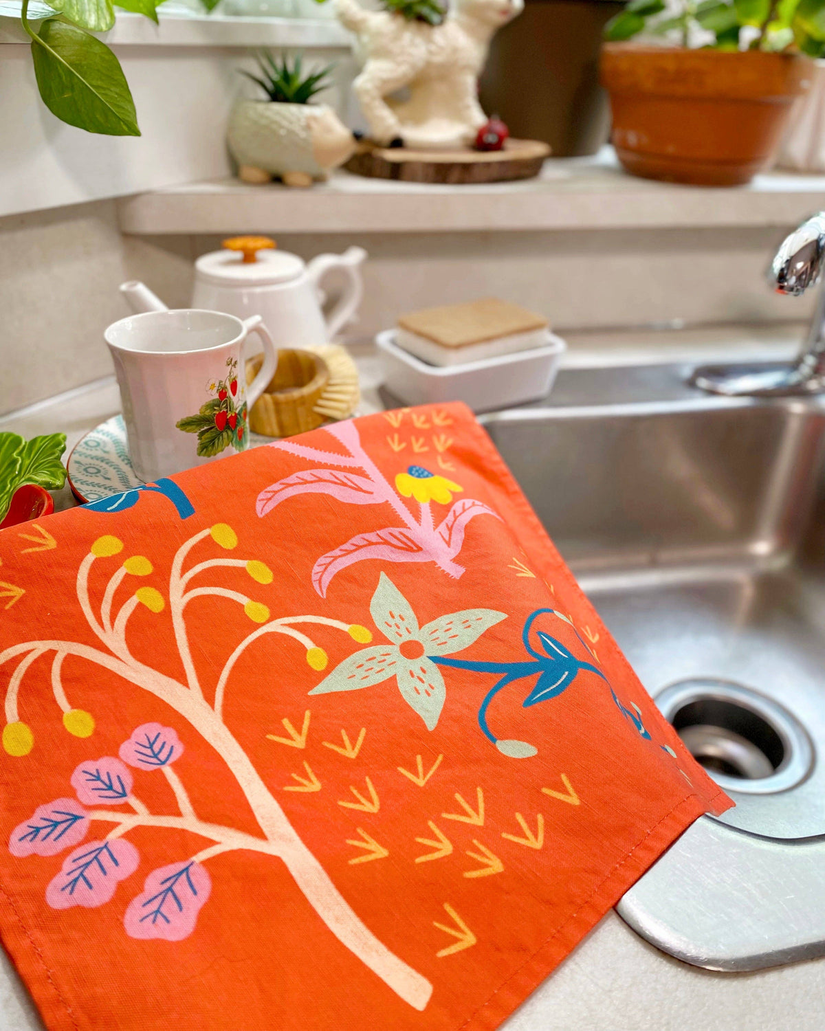 Coral Red Wildflowers Linen Cotton Handmade Tea Towel