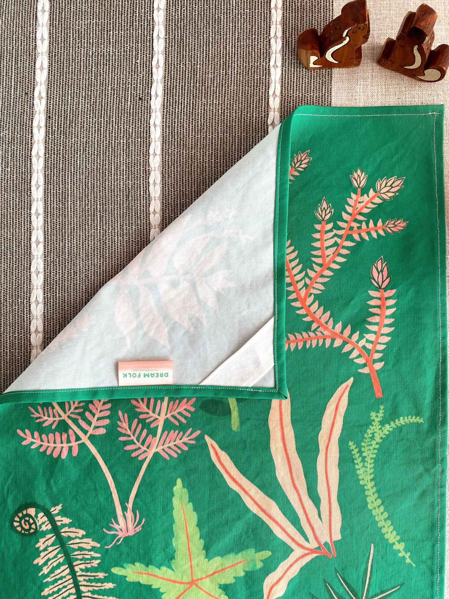 Pink & Green Ferns Linen Cotton Handmade Tea Towel