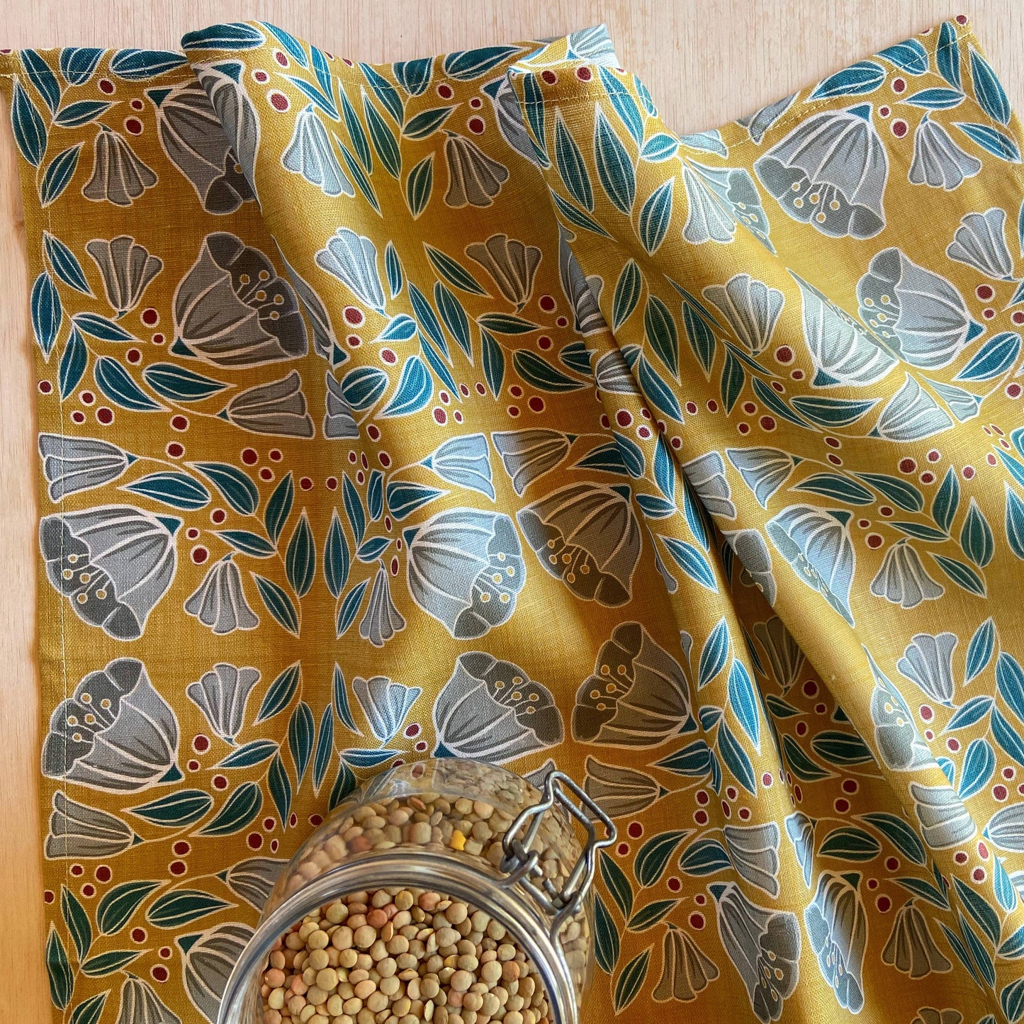 Bluebells on Yellow Tea Towel