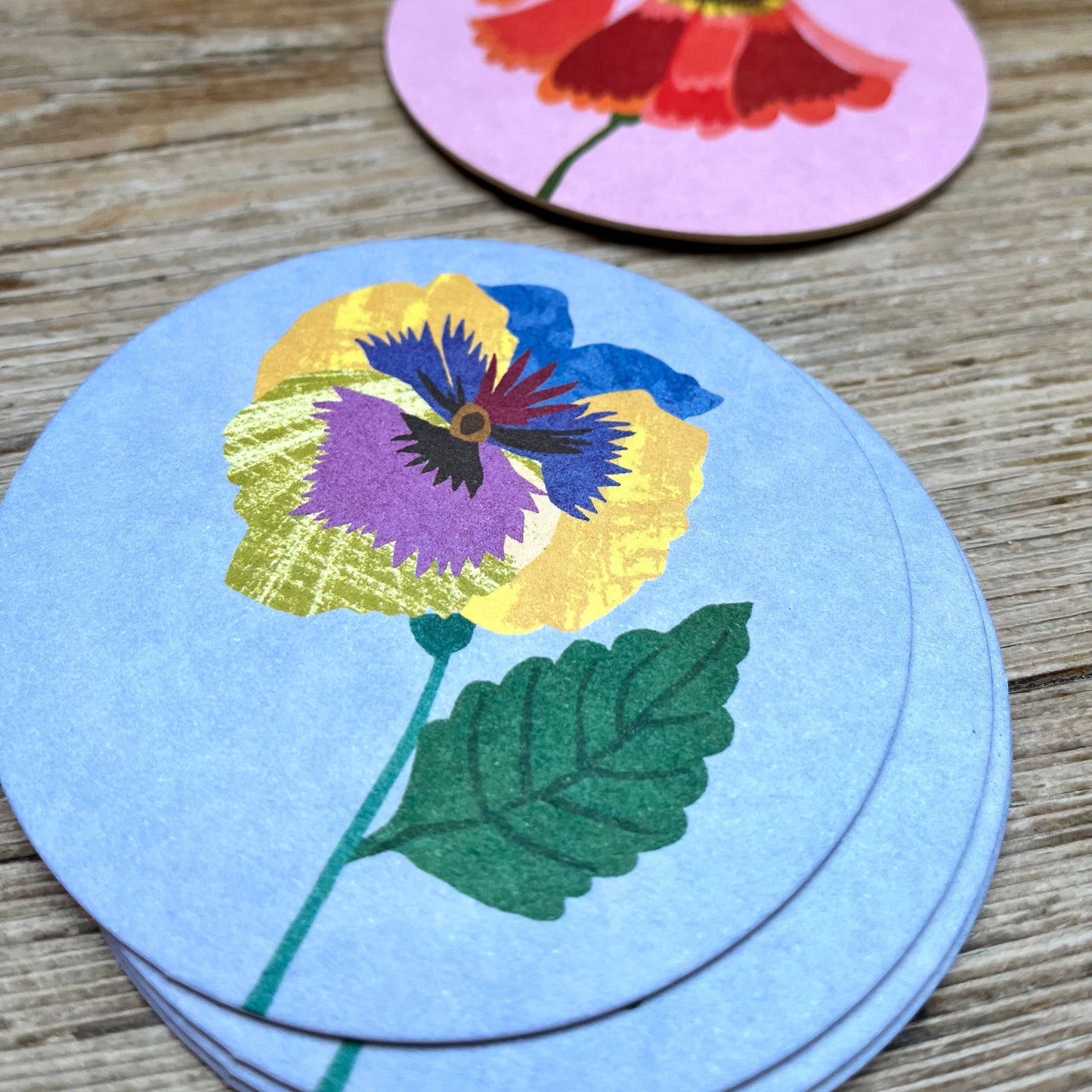 Drinks Coasters – ReversibleDesigns – Pansy & Helenium