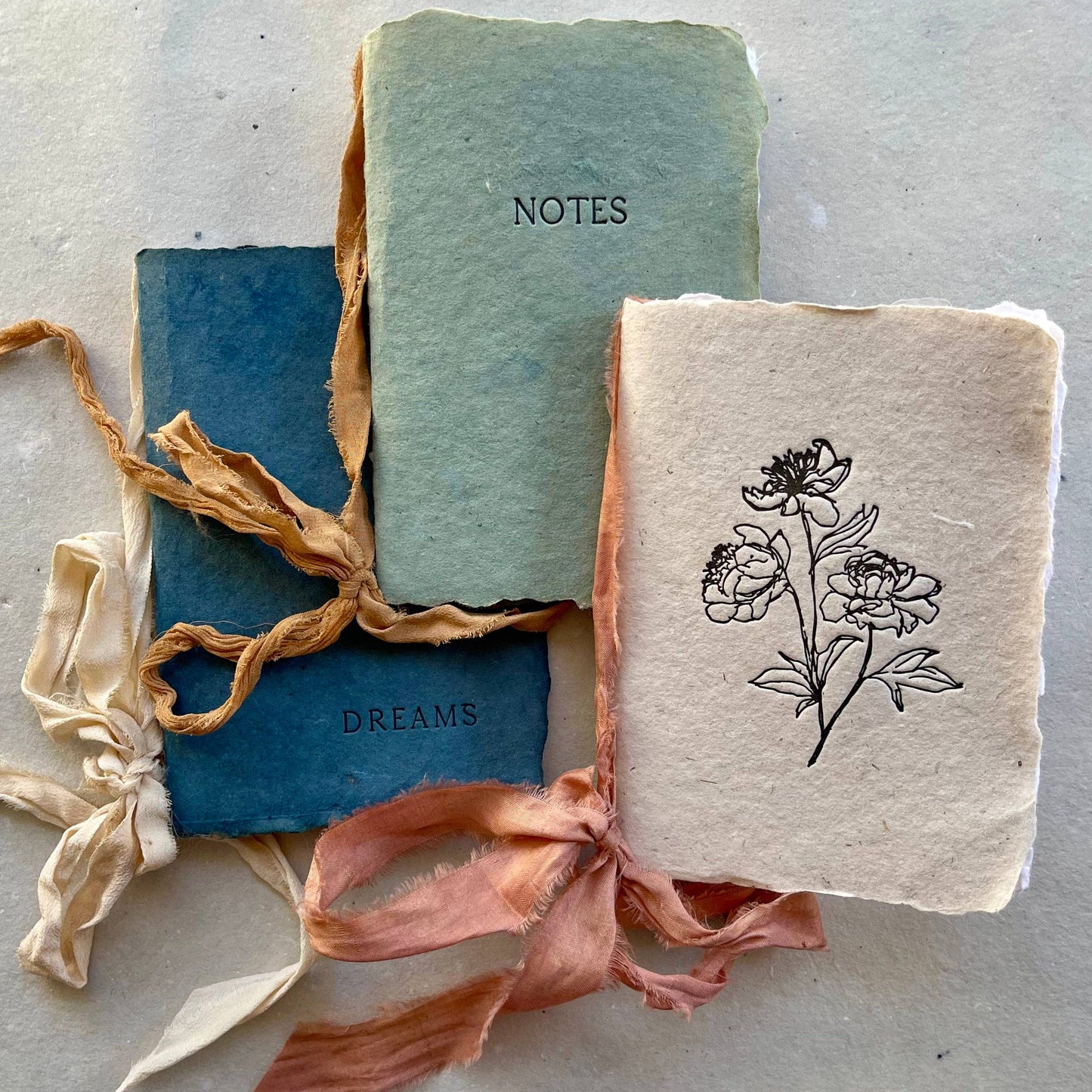 Notebooks - I: Peony - vanilla paper with watermelon silk ribbon
